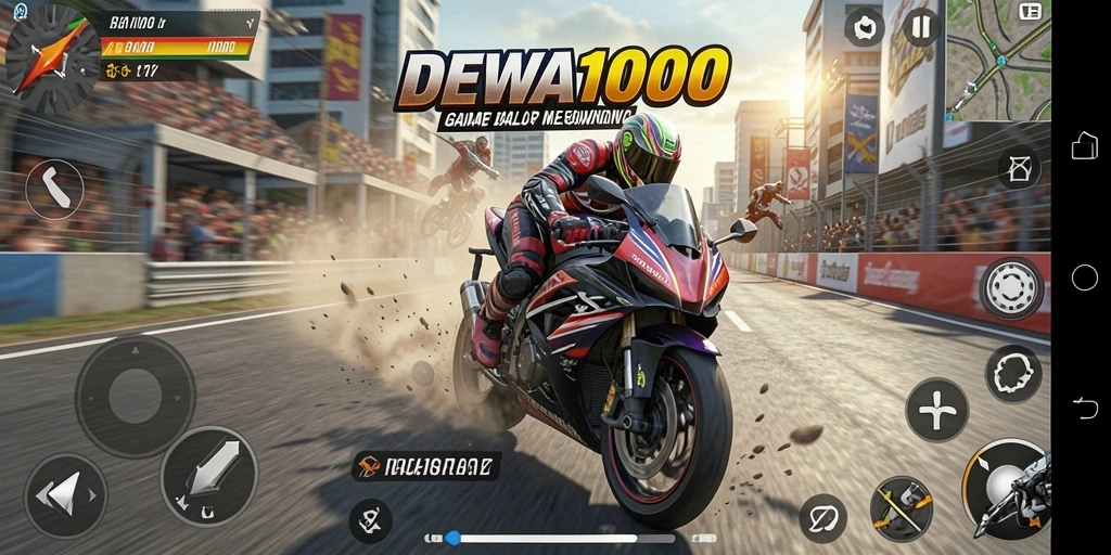 Screenshot menunjukkan aksi balap motor yang intens dalam DEWA1000.