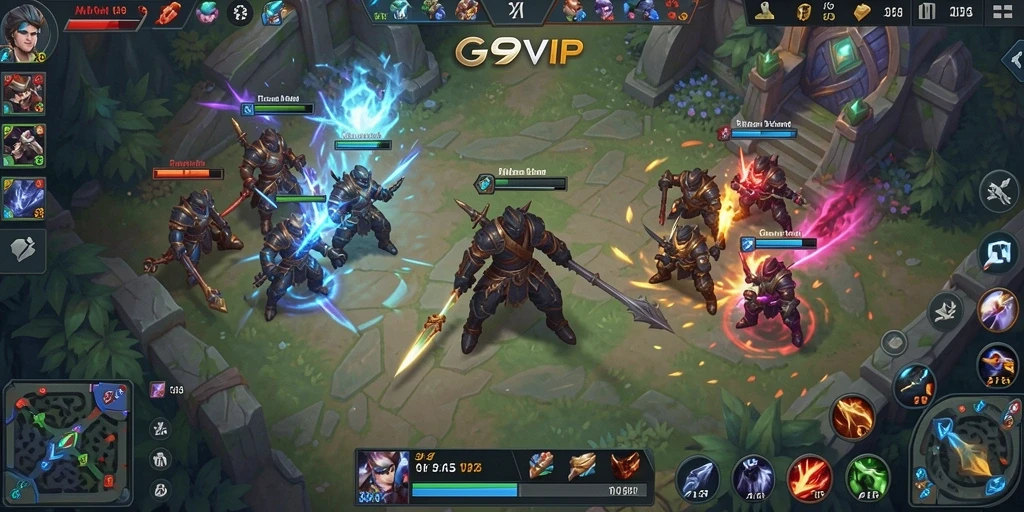 Screenshot G9VIP menampilkan aksi pertempuran seru dalam game MOBA.
