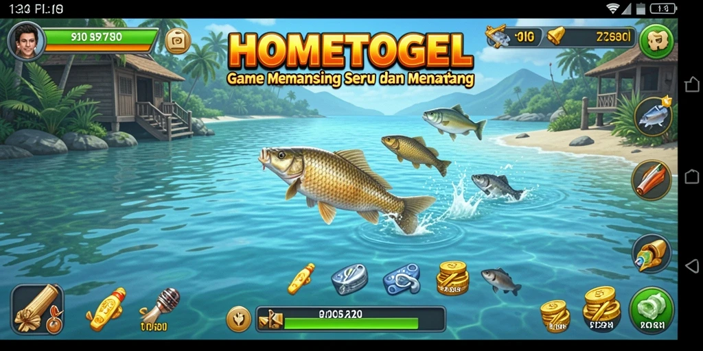 Screenshot gameplay <strong>HOMETOGEL</strong> menampilkan aksi memancing yang mendebarkan.