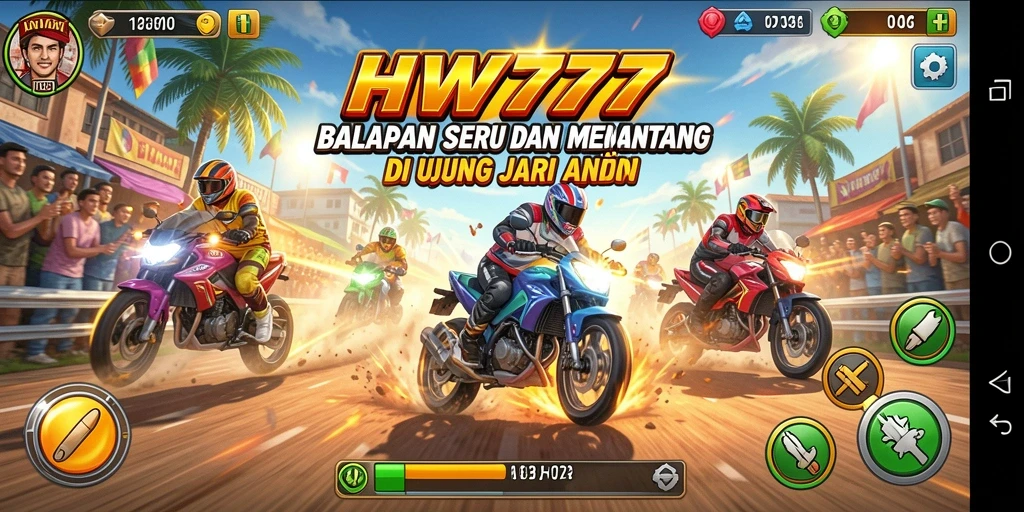 Tangkapan layar utama HW777 menampilkan aksi balapan yang mendebarkan.