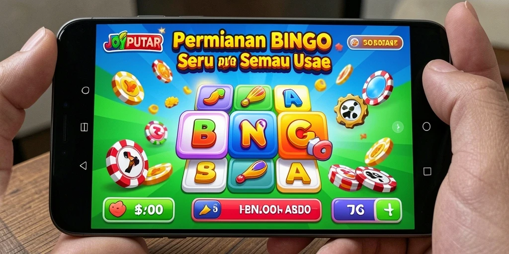 Screenshot gameplay JOYPUTAR menunjukkan bola Bingo yang berputar dengan penuh warna.