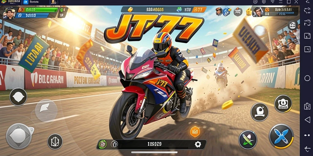 Screenshot JT777 menampilkan aksi balapan motor yang mendebarkan.