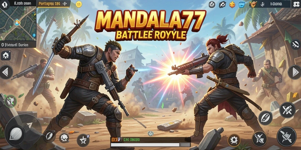 Tangkapan layar MANDALA77 menampilkan aksi pertempuran yang intens dalam genre Battle Royale.