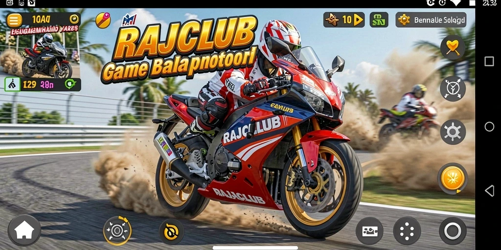 Screenshot utama RAJACLUB menampilkan aksi balap motor yang mendebarkan.
