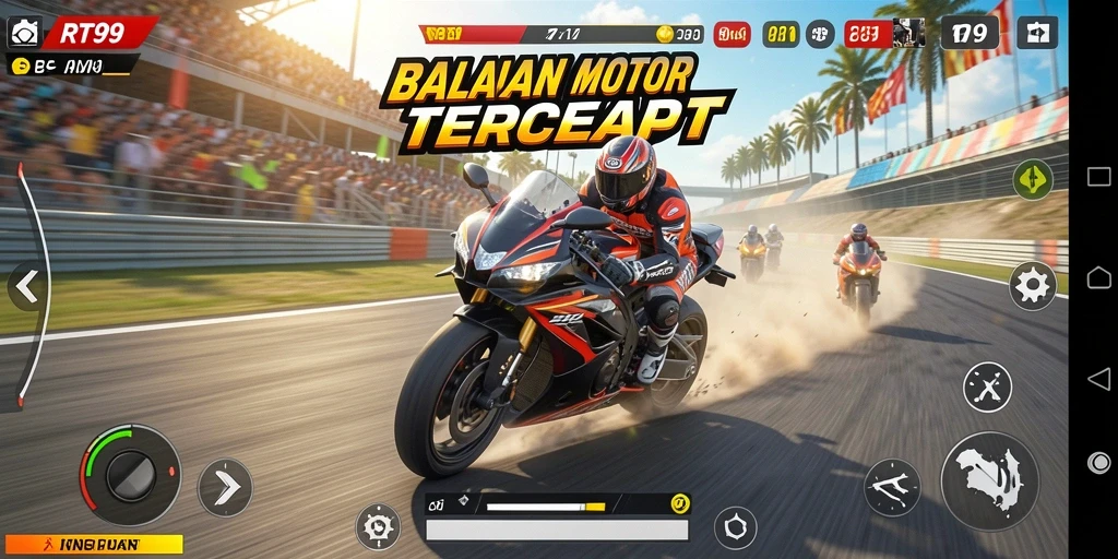 Screenshot RT99 menampilkan motor balap di trek menantang.