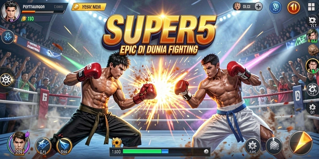 Tangkapan layar SUPER5 menunjukkan pertarungan seru dengan grafis yang menakjubkan.