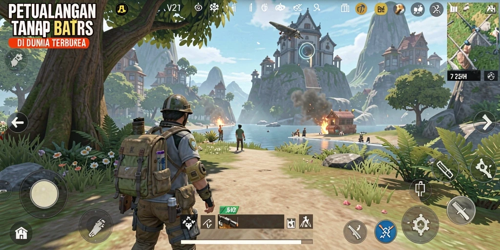 Tampilan gameplay V21 yang menampilkan eksplorasi dunia terbuka yang luas.