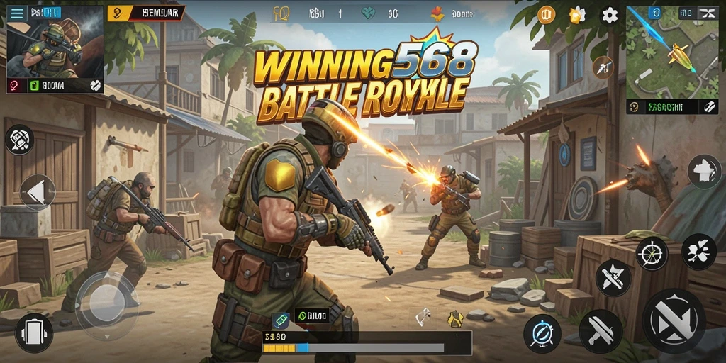 Screenshot gameplay <strong>WINNING568</strong> menampilkan pertarungan mendebarkan dalam suasana Battle Royale.