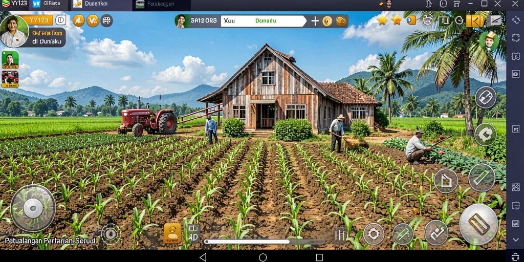 Tampilan screenshot gameplay YY123 yang menunjukkan ladang yang subur dan penuh tanaman.